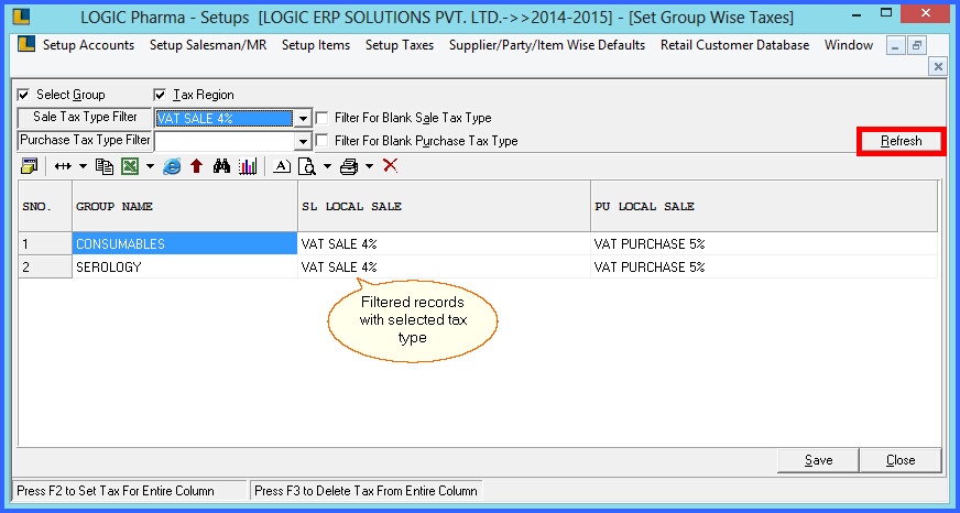pharma group wise taxes-grid mode filter